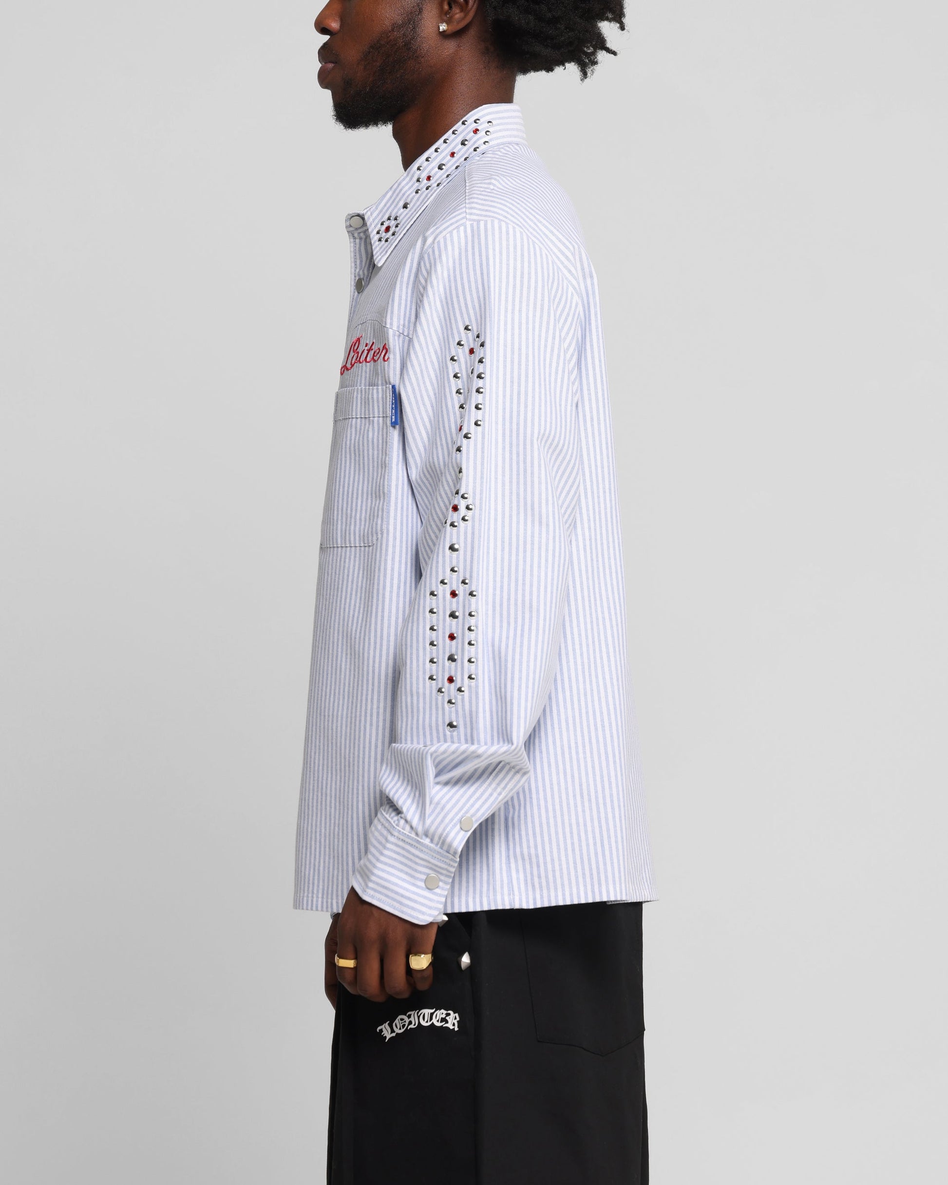 Loiter Western Long Sleeve Button Up Shirt Blue/White