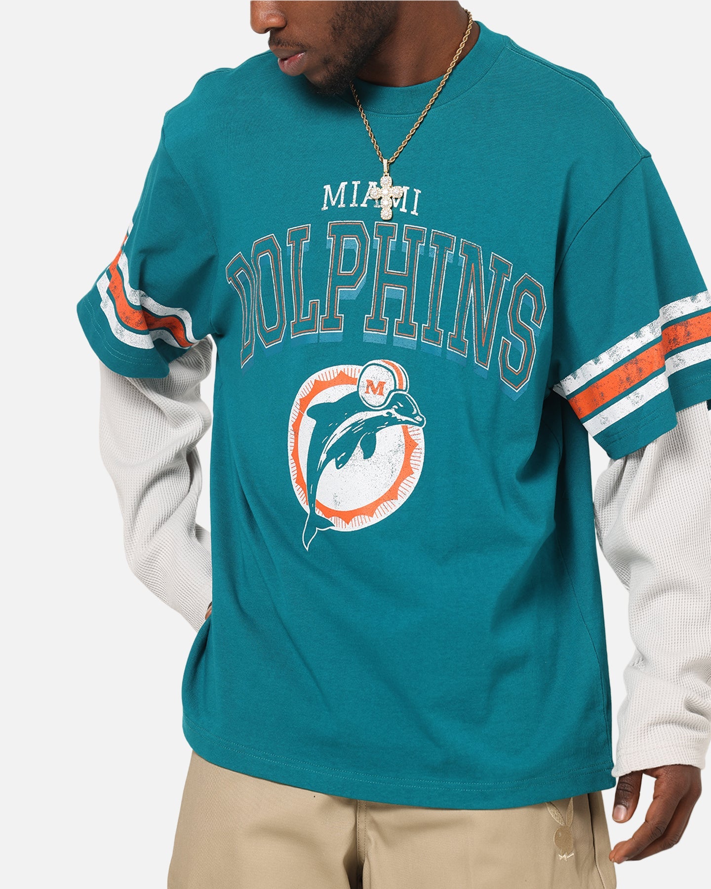 Mitchell & Ness Miami Dolphins Waffle Mock Layer Long Sleeve T-Shirt Teal