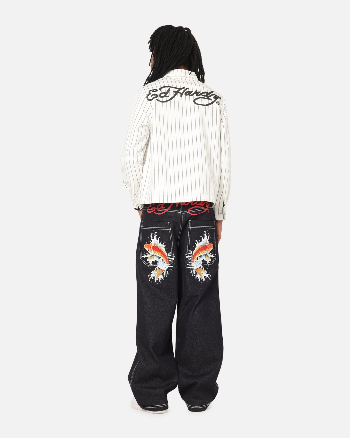 Ed Hardy Euro Button Up Shirt White Pinstripe