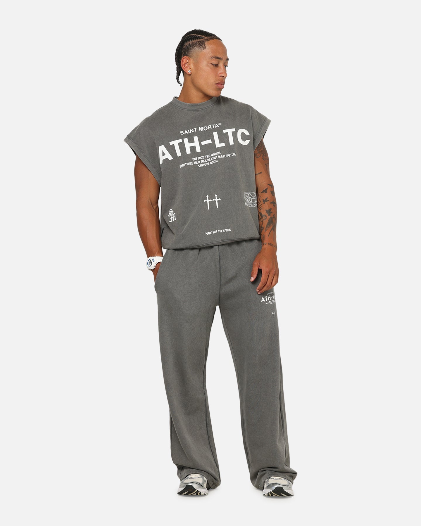 Saint Morta Athletc Cut Off Sweat T-Shirt Washed Charcoal