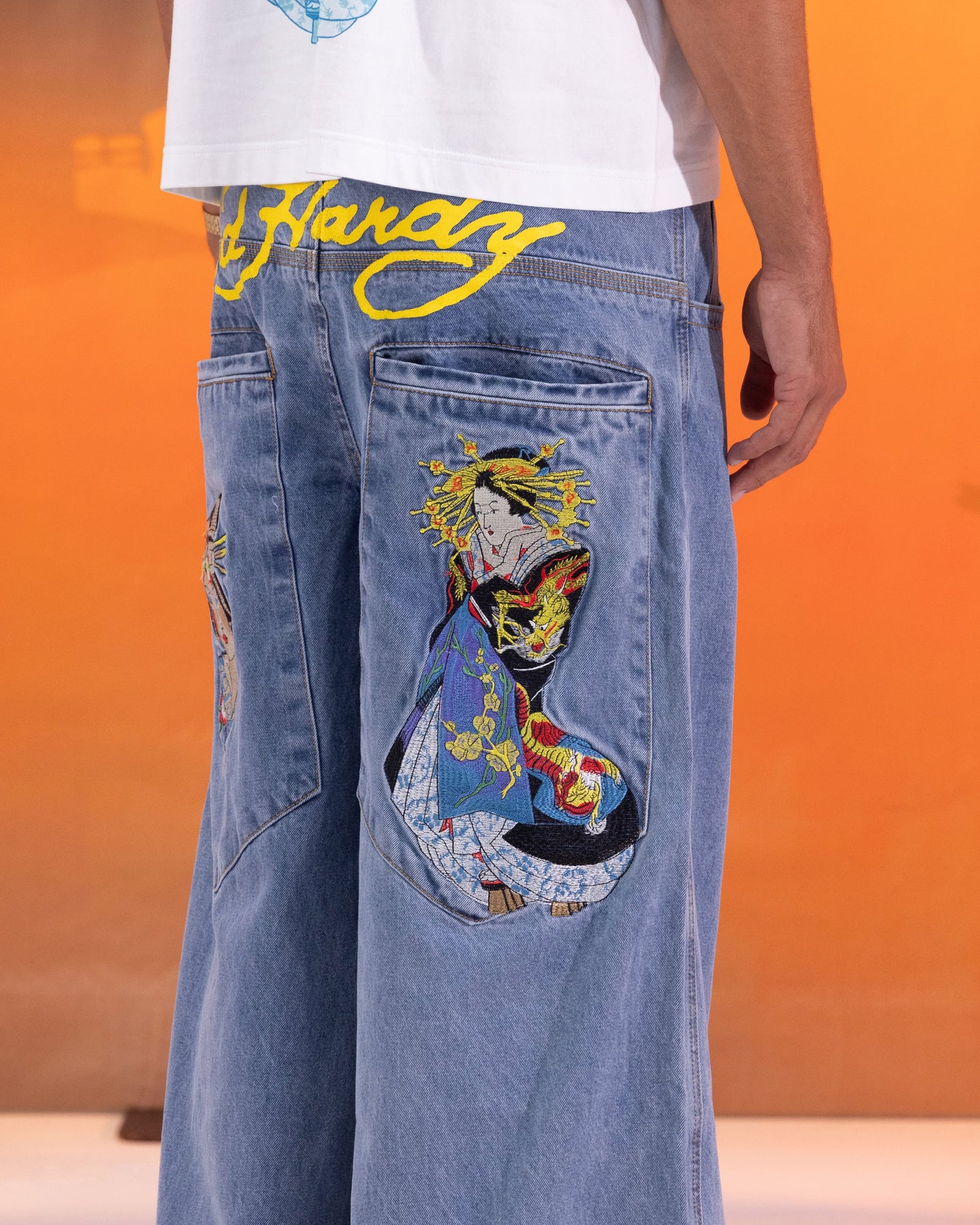 Ed Hardy Ultra Wide Leg Denim Jeans Light Wash Blue